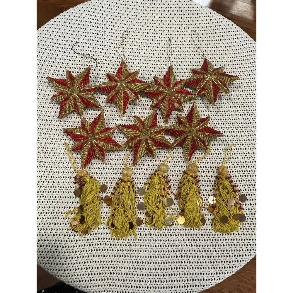 Vintage Art Deco Beaded Star Tassel Christmas Ornaments Gold Red Sparkles Set